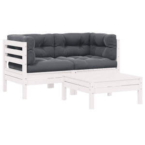 vidaXL 3-delige Loungeset met kussens massief grenenhout wit