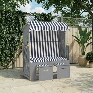 vidaXL Strandstoel met luifel poly rattan en massief hout blauw en wit
