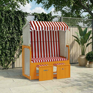 vidaXL Strandstoel met luifel poly rattan en massief hout rood en wit