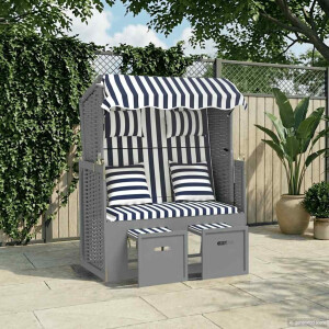 vidaXL Strandstoel met kussens poly rattan en hout blauw en wit