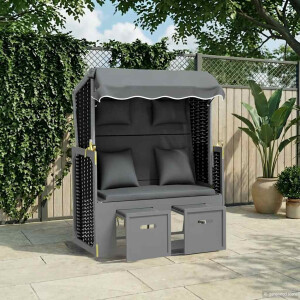 vidaXL Strandstoel met kussen poly rattan en hout antraciet en zwart