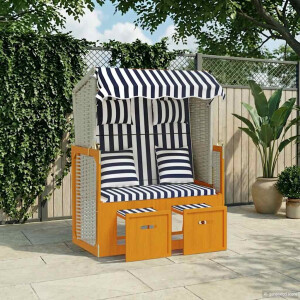vidaXL Strandstoel met kussens poly rattan en hout wit en blauw