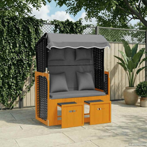 vidaXL Strandstoel met kussen poly rattan en hout zwart en antraciet