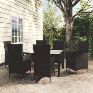 vidaXL 7-delige Tuinset met kussens poly rattan zwart