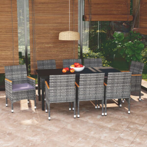 vidaXL 9-delige Tuinset met kussens poly rattan grijs