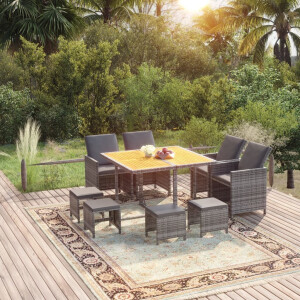 vidaXL 9-delige Tuinset met kussens poly rattan grijs