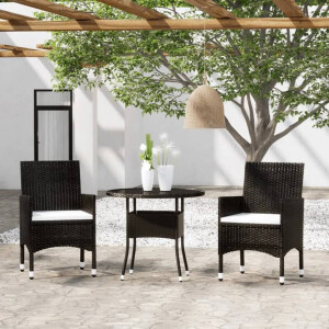 vidaXL 3-delige Bistroset poly rattan en gehard glas zwart