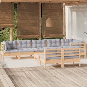 vidaXL 9-delige Loungeset met grijze kussens massief grenenhout