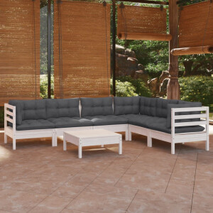 vidaXL 7-delige Loungeset met kussens massief grenenhout wit