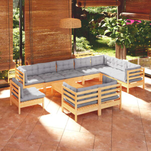 vidaXL 11-delige Loungeset met grijze kussens massief grenenhout