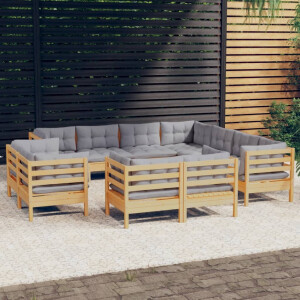 vidaXL 11-delige Loungeset met grijze kussens massief grenenhout