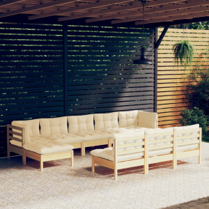 vidaXL 10-delige Loungeset met crèmekleurige kussens grenenhout
