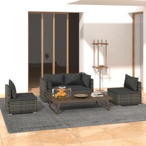 vidaXL 4-delige Loungeset met kussens poly rattan grijs