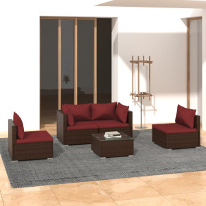 vidaXL 5-delige Loungeset met kussens poly rattan bruin