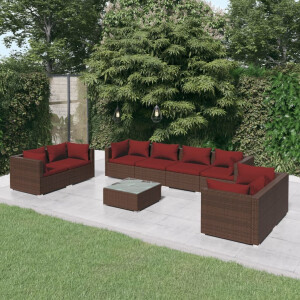 vidaXL 9-delige Loungeset met kussens poly rattan bruin