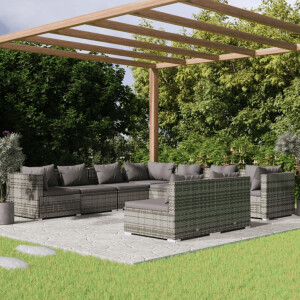 vidaXL 9-delige Loungeset met kussens poly rattan grijs