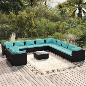 vidaXL 12-delige Loungeset met kussens poly rattan zwart