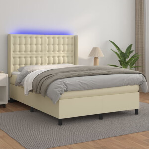 vidaXL Boxspring met matras en LED kunstleer crèmekleurig 140x190 cm