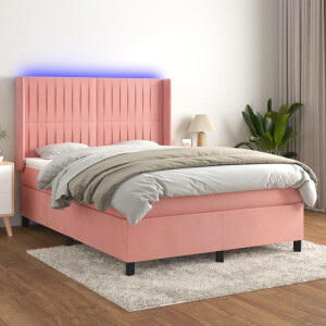 vidaXL Boxspring met matras en LED fluweel roze 140x200 cm