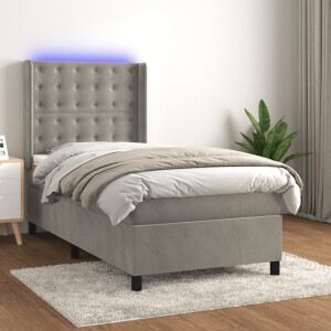 vidaXL Boxspring met matras en LED fluweel lichtgrijs 90x200 cm