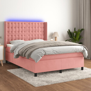 vidaXL Boxspring met matras en LED fluweel roze 140x200 cm