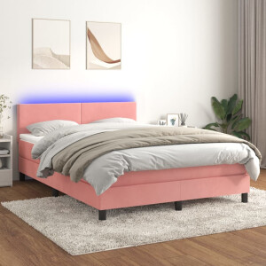 vidaXL Boxspring met matras en LED fluweel roze 140x190 cm