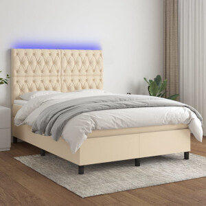vidaXL Boxspring met matras en LED stof crèmekleurig 140x190 cm