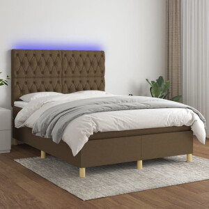 vidaXL Boxspring met matras en LED stof donkerbruin 140x200 cm