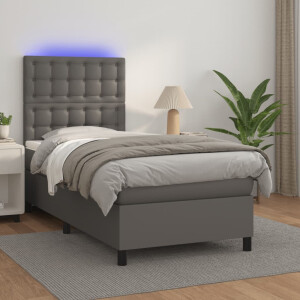 vidaXL Boxspring met matras en LED kunstleer grijs 90x200 cm