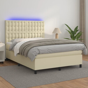 vidaXL Boxspring met matras en LED kunstleer crèmekleurig 140x190 cm