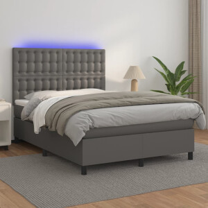 vidaXL Boxspring met matras en LED kunstleer grijs 140x190 cm
