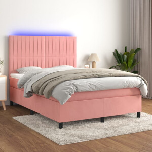 vidaXL Boxspring met matras en LED fluweel roze 140x190 cm