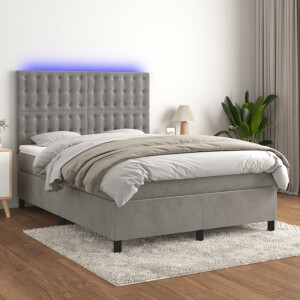 vidaXL Boxspring met matras en LED fluweel lichtgrijs 140x190 cm