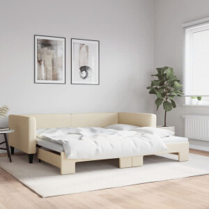 vidaXL Slaapbank met onderschuifbed 100x200 cm stof crèmekleurig