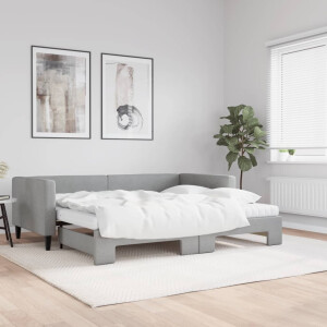 vidaXL Slaapbank onderschuifbed en matrassen 90x200 cm stof lichtgrijs