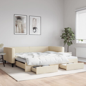 vidaXL Slaapbank met onderschuifbed en lades 100x200 cm stof crème
