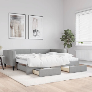 vidaXL Slaapbank met onderschuifbed en lades 90x200 cm stof lichtgrijs