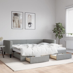 vidaXL Slaapbank met onderschuifbed lades 100x190 cm stof lichtgrijs