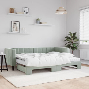 vidaXL Slaapbank onderschuifbed matrassen 80x200 cm fluweel lichtgrijs
