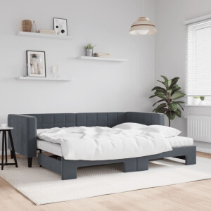 vidaXL Slaapbank onderschuifbed matrassen 90x200cm fluweel donkergrijs