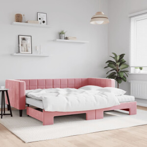 vidaXL Slaapbank onderschuifbed en matrassen 90x200 cm fluweel roze