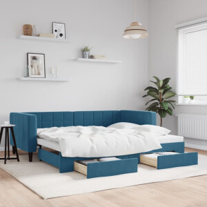 vidaXL Slaapbank met onderschuifbed en lades 90x200 cm fluweel blauw