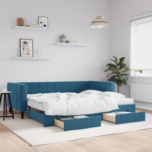 vidaXL Slaapbank met onderschuifbed en lades 90x200 cm fluweel blauw