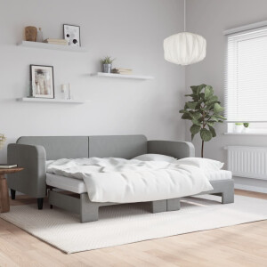 vidaXL Slaapbank onderschuifbed en matrassen 90x200 cm stof lichtgrijs