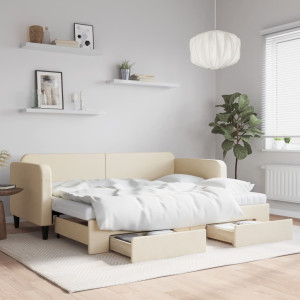 vidaXL Slaapbank met onderschuifbed en lades 80x200 cm stof crèmekleur