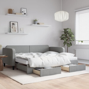 vidaXL Slaapbank met onderschuifbed en lades 90x190 cm stof lichtgrijs