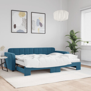 vidaXL Slaapbank onderschuifbed en matrassen 80x200 cm fluweel blauw
