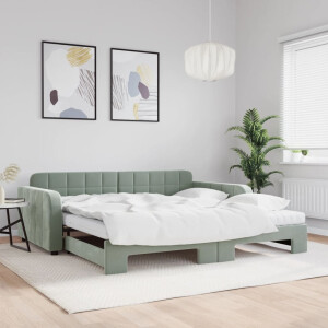 vidaXL Slaapbank onderschuifbed matrassen 100x200cm fluweel lichtgrijs