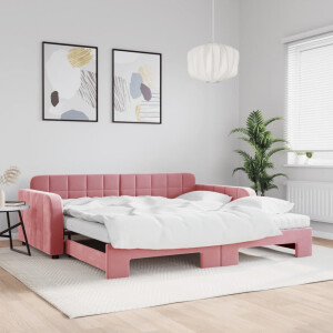 vidaXL Slaapbank onderschuifbed en matrassen 100x200 cm fluweel roze