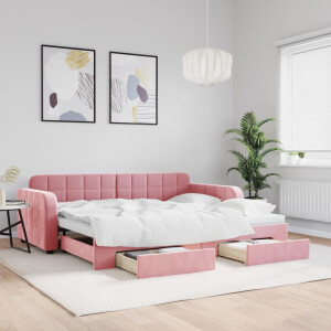 vidaXL Slaapbank met onderschuifbed en lades 90x200 cm fluweel roze